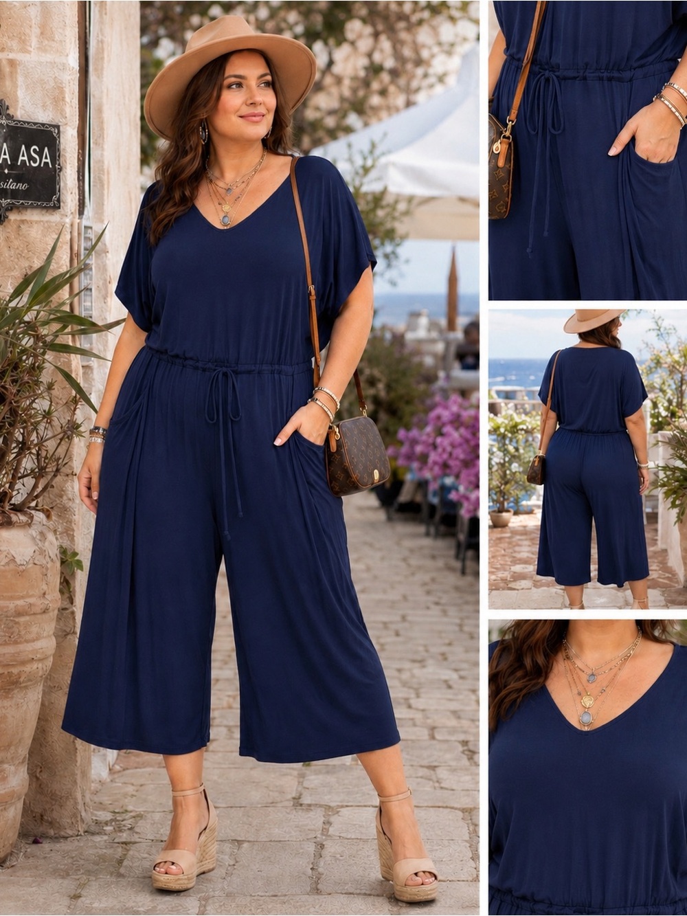 Plus Size Navy V-Neck Wide-Leg Jumpsuit
